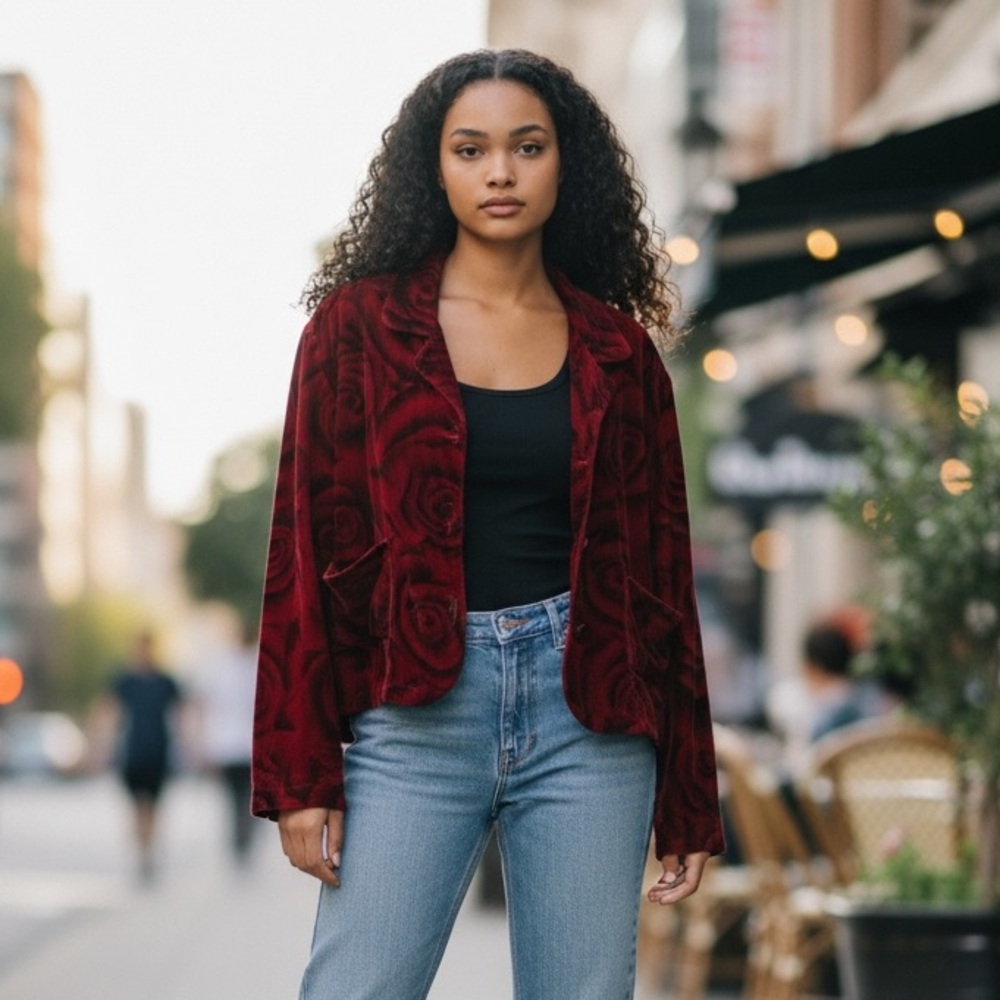 Jenny Helene Silk Rayon Shirt Velvet Floral Rose Motif Y2K Dark Romantic Vintage